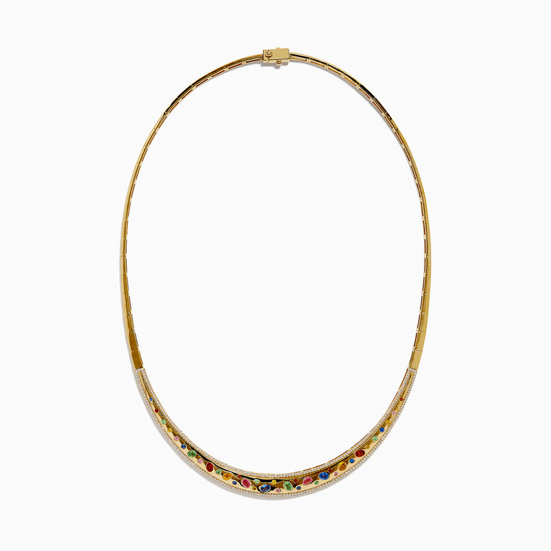 The Watercolors 14K Yellow Gold Multi Sapphire and Diamond Inlay Necklace features a curved pendant set with vibrant sapphires in red, green, blue, and yellow hues arranged symmetrically along the front.