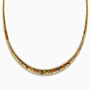 The Watercolors 14K Yellow Gold Multi Sapphire and Diamond Inlay Necklace features a curved pendant set with vibrant sapphires in red, green, blue, and yellow hues arranged symmetrically along the front.