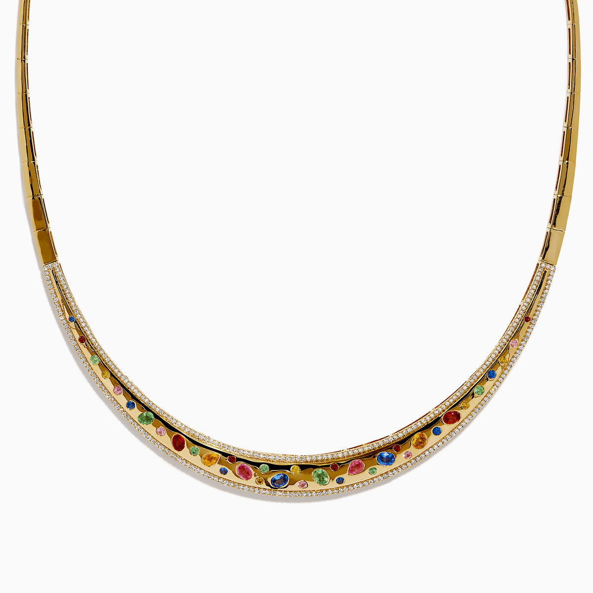 The Watercolors 14K Yellow Gold Multi Sapphire and Diamond Inlay Necklace features a curved pendant set with vibrant sapphires in red, green, blue, and yellow hues arranged symmetrically along the front.