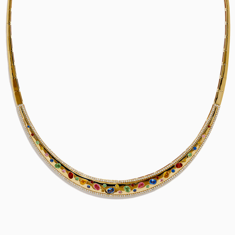The Watercolors 14K Yellow Gold Multi Sapphire and Diamond Inlay Necklace features a curved pendant set with vibrant sapphires in red, green, blue, and yellow hues arranged symmetrically along the front.