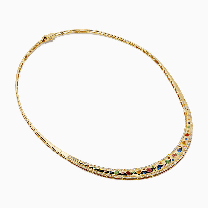 The Watercolors 14K Yellow Gold Multi Sapphire and Diamond Inlay Necklace features a curved pendant set with vibrant sapphires in red, green, blue, and yellow hues arranged symmetrically along the front.