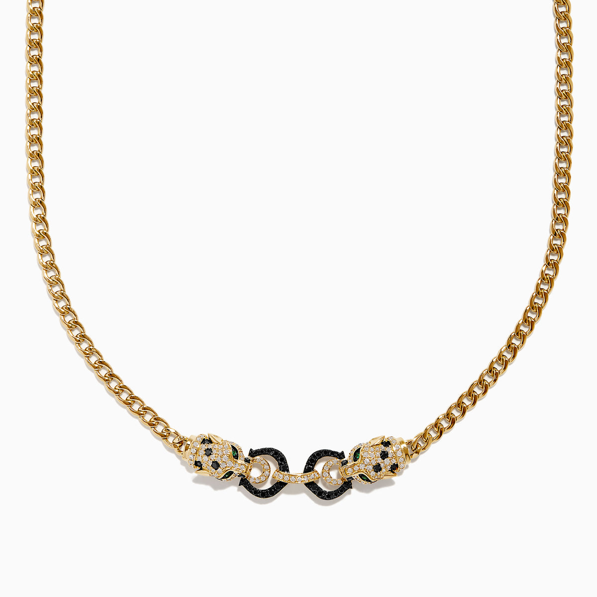 The Signature 14K Gold White and Black Diamond Necklace features dual panther heads with black stones, connected by two black enameled rings for a striking design.