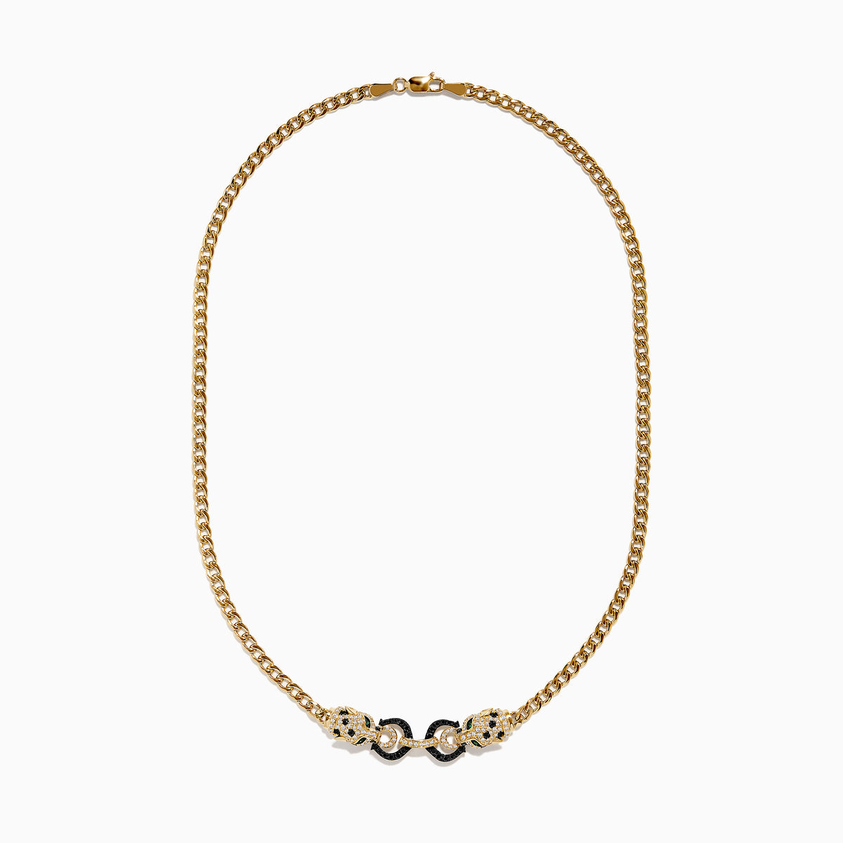 The Signature 14K Gold White and Black Diamond Necklace features dual panther heads with black stones, connected by two black enameled rings for a striking design.