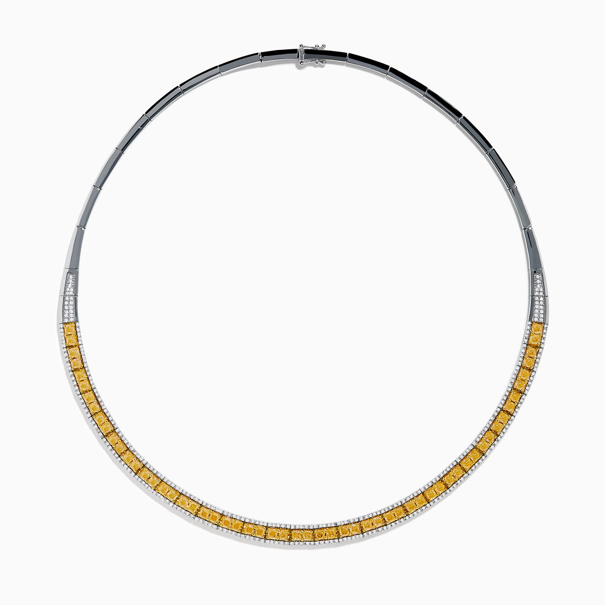 The Canare 14K Two Tone Gold White and Yellow Diamond Necklace features a row of square yellow diamonds set in a band, bordered by white diamonds—forming a sleek partial collar with an open top.