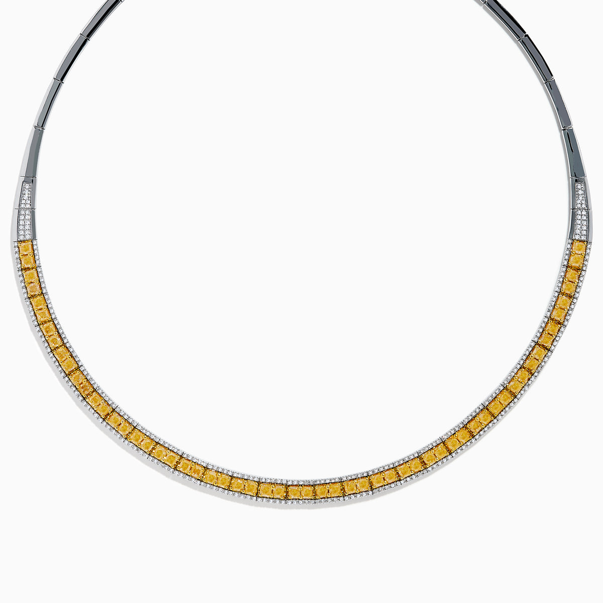 The Canare 14K Two Tone Gold White and Yellow Diamond Necklace features a row of square yellow diamonds set in a band, bordered by white diamonds—forming a sleek partial collar with an open top.