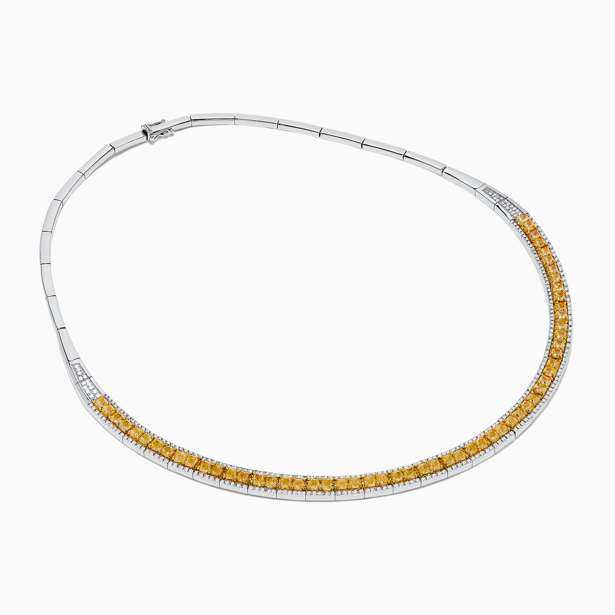The Canare 14K Two Tone Gold White and Yellow Diamond Necklace features a row of square yellow diamonds set in a band, bordered by white diamonds—forming a sleek partial collar with an open top.