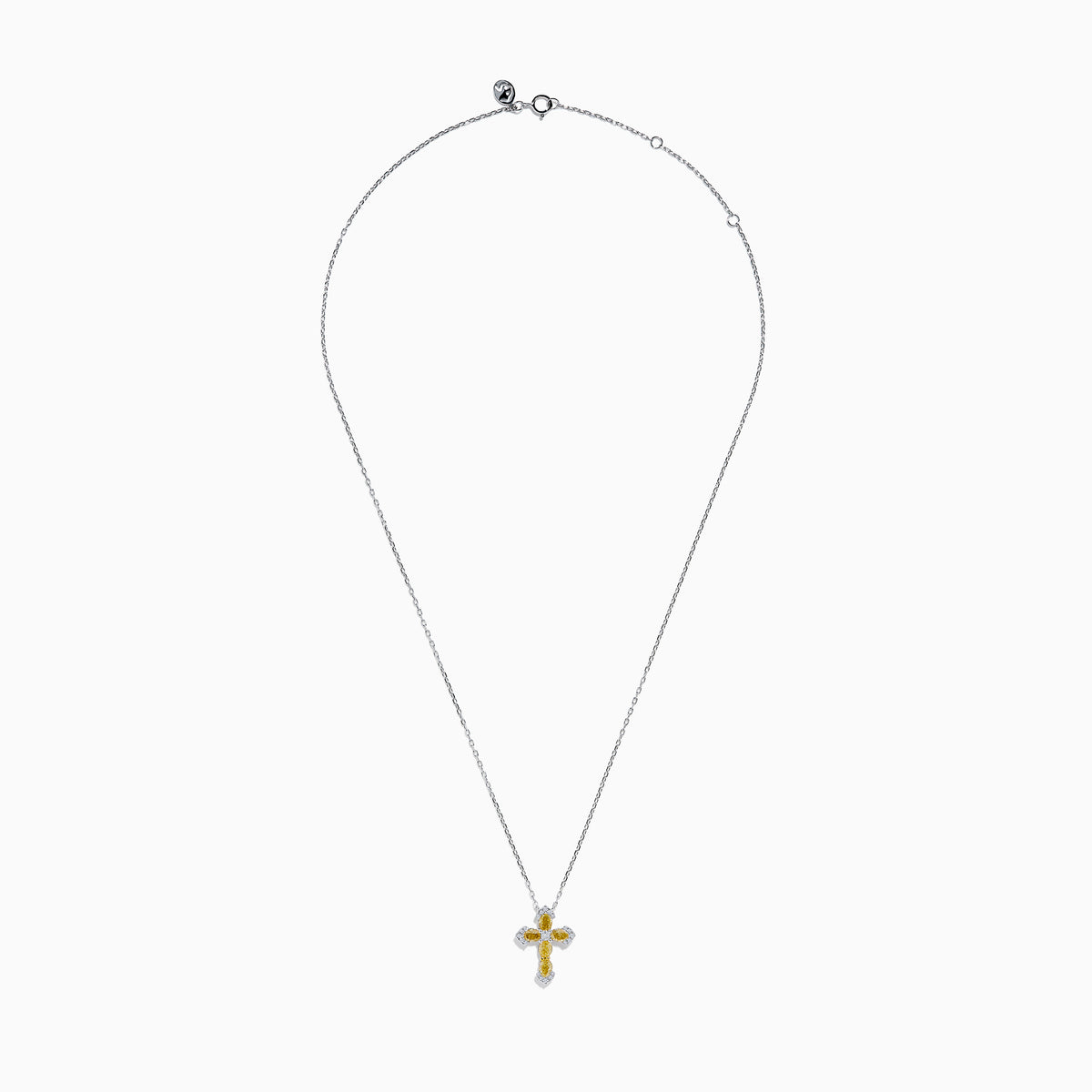 The 14K White Gold Yellow and White Diamond Cross Necklace features a white gold cross pendant with yellow and white diamonds, hanging from a matching chain.
