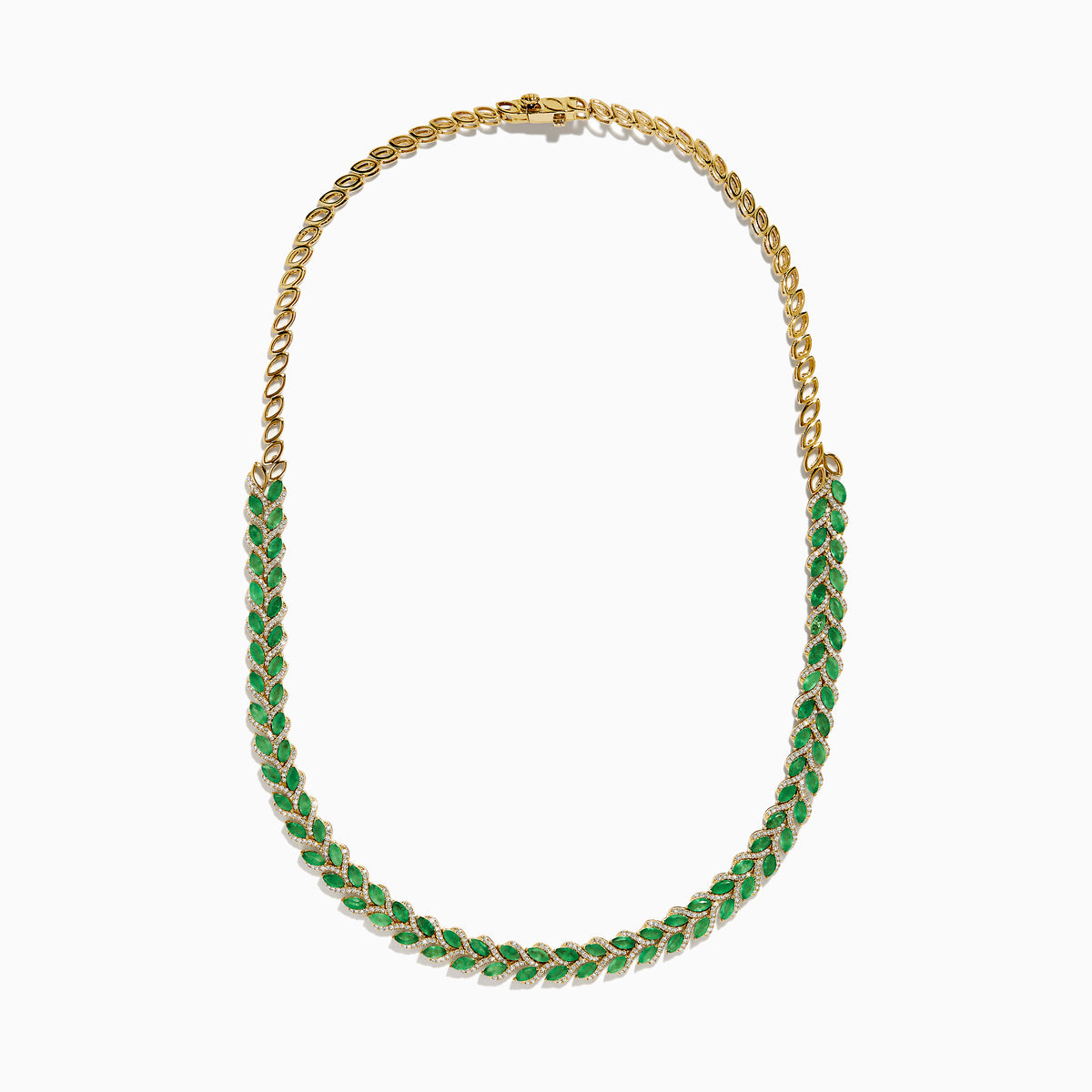 The 14K White Gold Emerald and Diamond Marquise Leaf Necklace features alternating green emeralds and white diamonds in a woven leaf pattern, elegantly displayed against a white background.