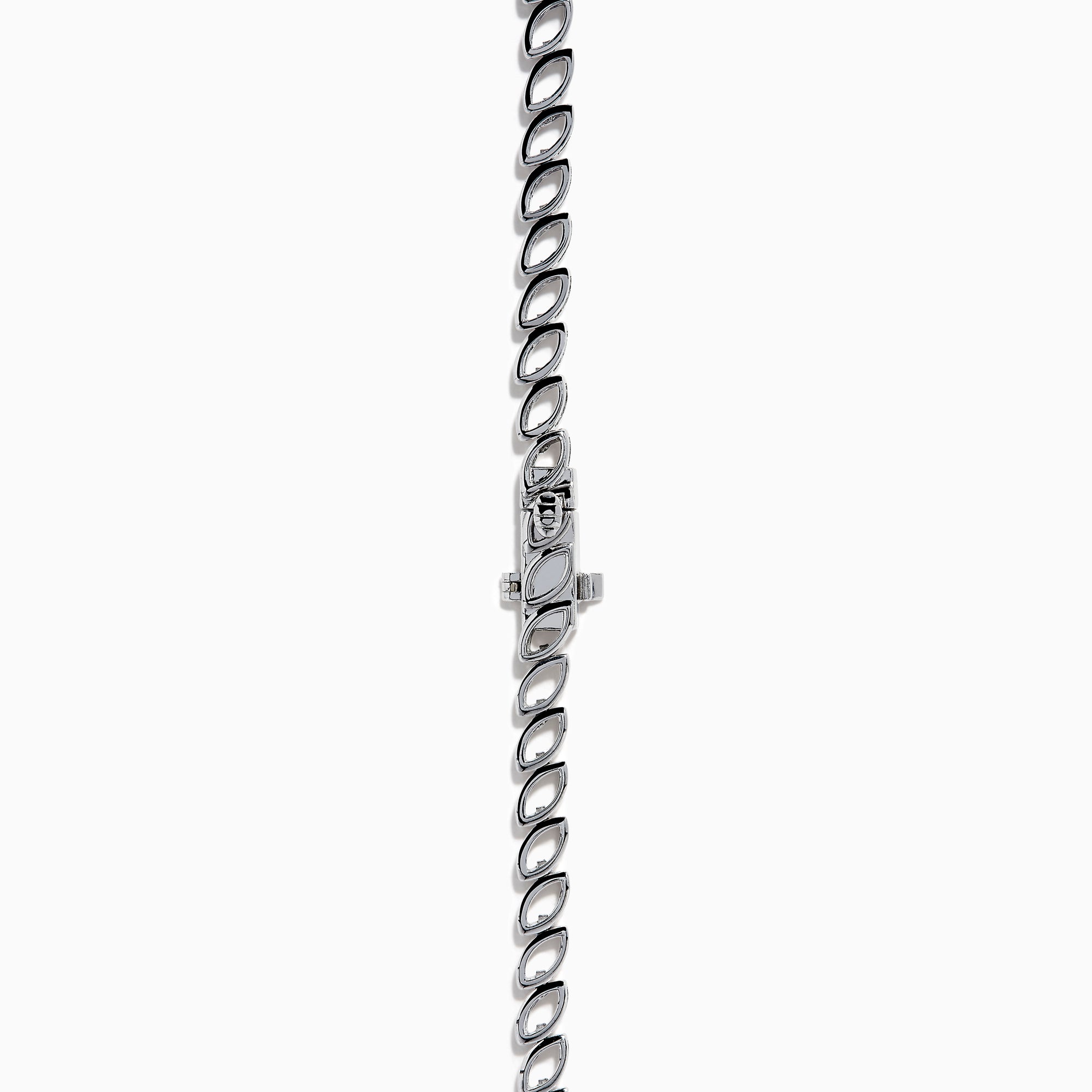 The 14K White Gold Blue Sapphire and Diamond Leaf Motif Necklace showcases a graceful, leaf-inspired design with alternating rows of blue sapphires and diamond accents for a sparkling, elegant look.