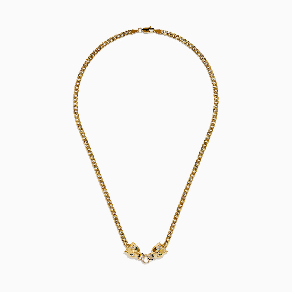 The Signature 14K Yellow Gold Diamond and Tsavorite Panther Necklace features two panther heads with tsavorite green eyes and diamond accents, each biting interlocking diamond-encrusted rings at the center.