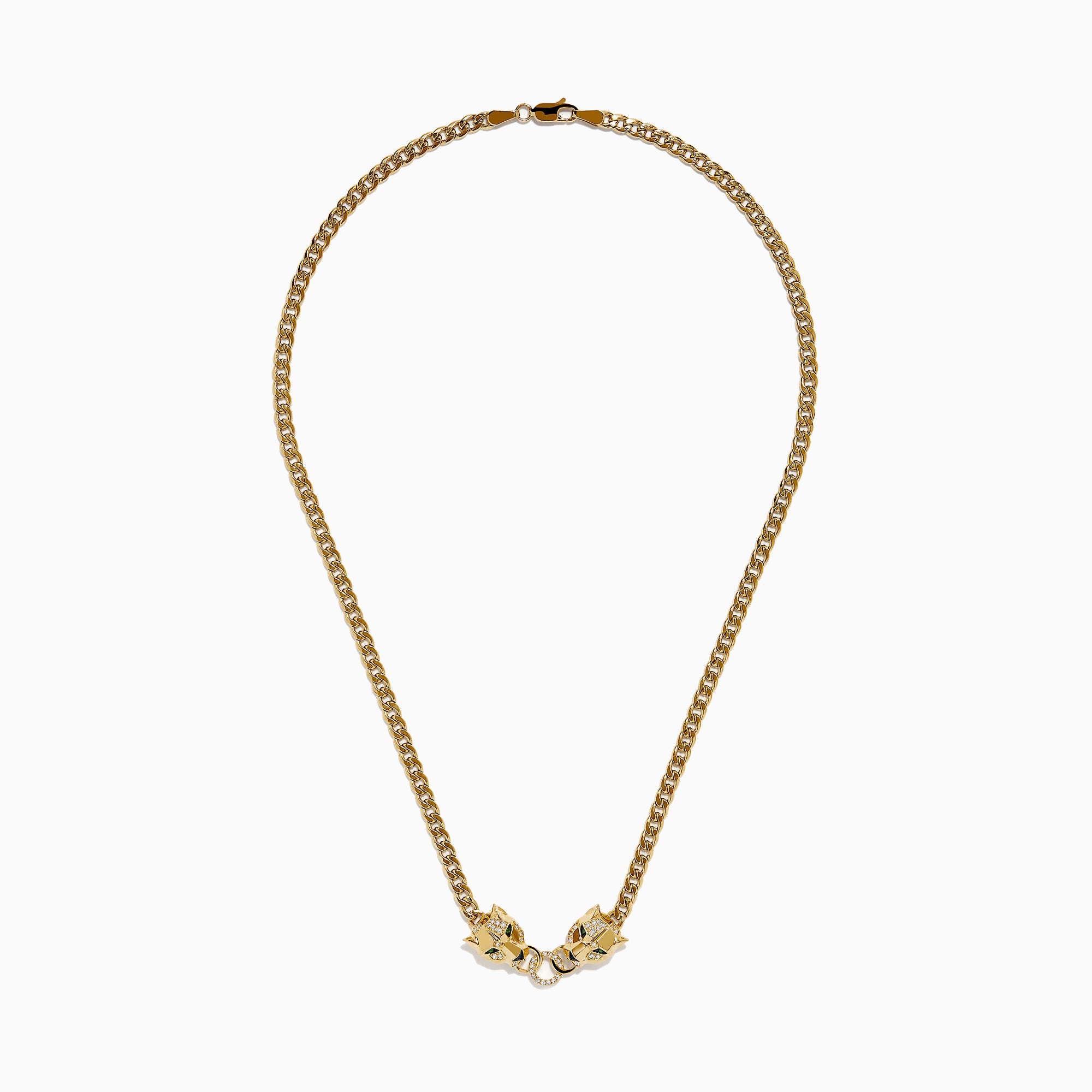 The Signature 14K Yellow Gold Diamond and Tsavorite Panther Necklace features two panther heads with tsavorite green eyes and diamond accents, each biting interlocking diamond-encrusted rings at the center.