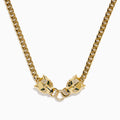 The Signature 14K Yellow Gold Diamond and Tsavorite Panther Necklace features two panther heads with tsavorite green eyes and diamond accents, each biting interlocking diamond-encrusted rings at the center.