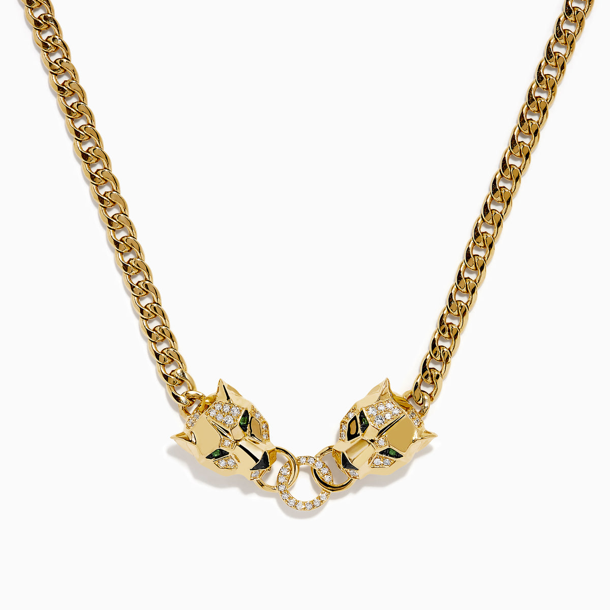 The Signature 14K Yellow Gold Diamond and Tsavorite Panther Necklace features two panther heads with tsavorite green eyes and diamond accents, each biting interlocking diamond-encrusted rings at the center.