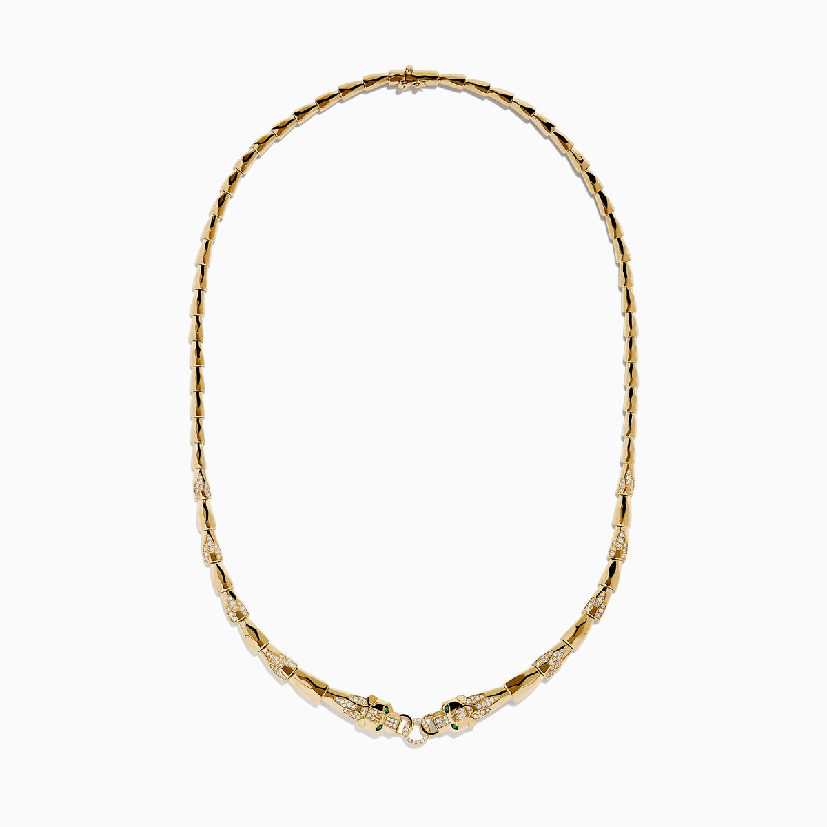 The Signature 14K Yellow Gold Diamond and Tsavorite Panther Necklace features angular links and two detailed panther head motifs with tsavorite eyes and diamond accents at the center, facing each other to form the clasp.
