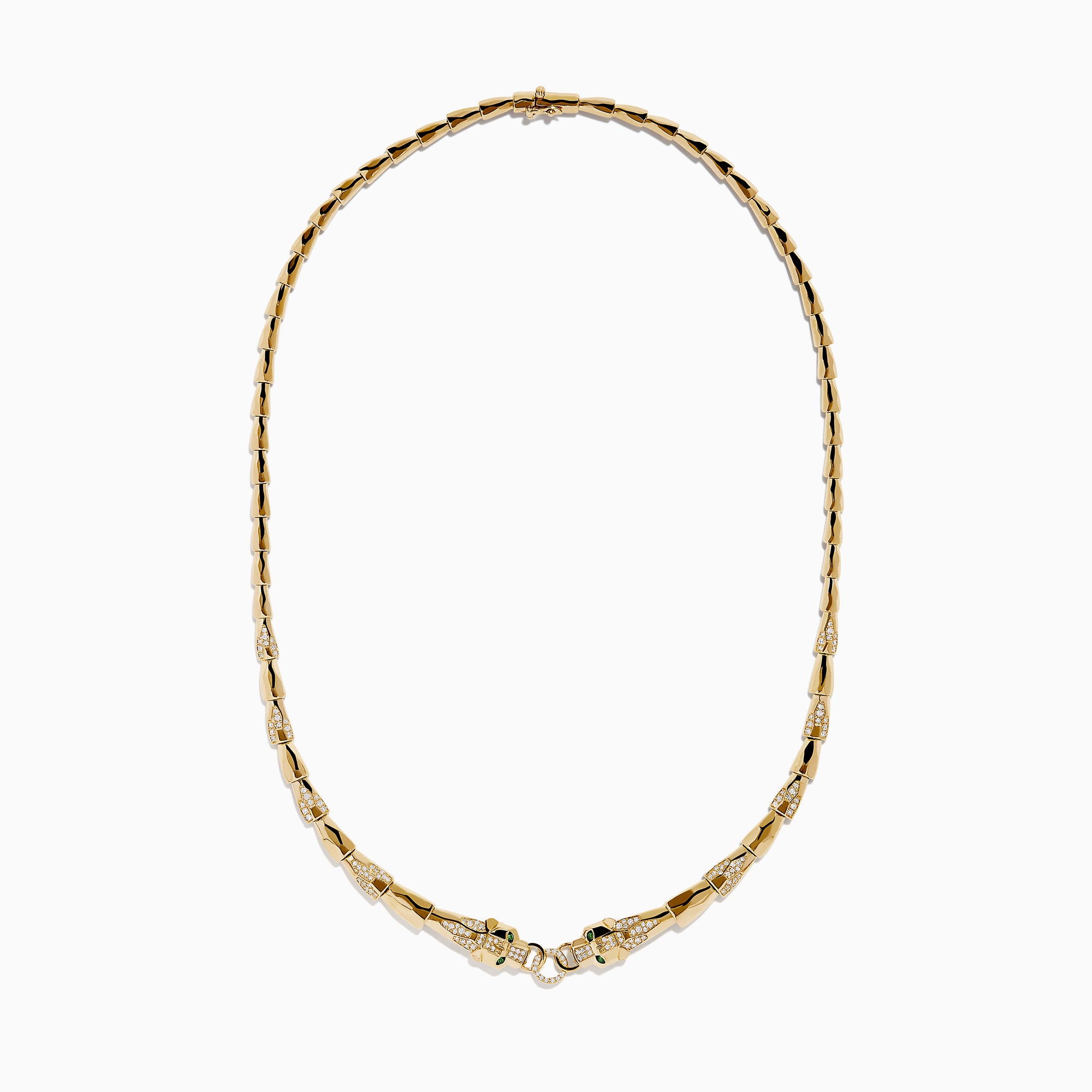 The Signature 14K Yellow Gold Diamond and Tsavorite Panther Necklace features angular links and two detailed panther head motifs with tsavorite eyes and diamond accents at the center, facing each other to form the clasp.