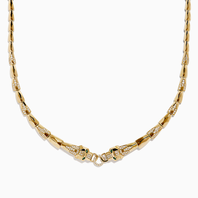 The Signature 14K Yellow Gold Diamond and Tsavorite Panther Necklace features angular links and two detailed panther head motifs with tsavorite eyes and diamond accents at the center, facing each other to form the clasp.