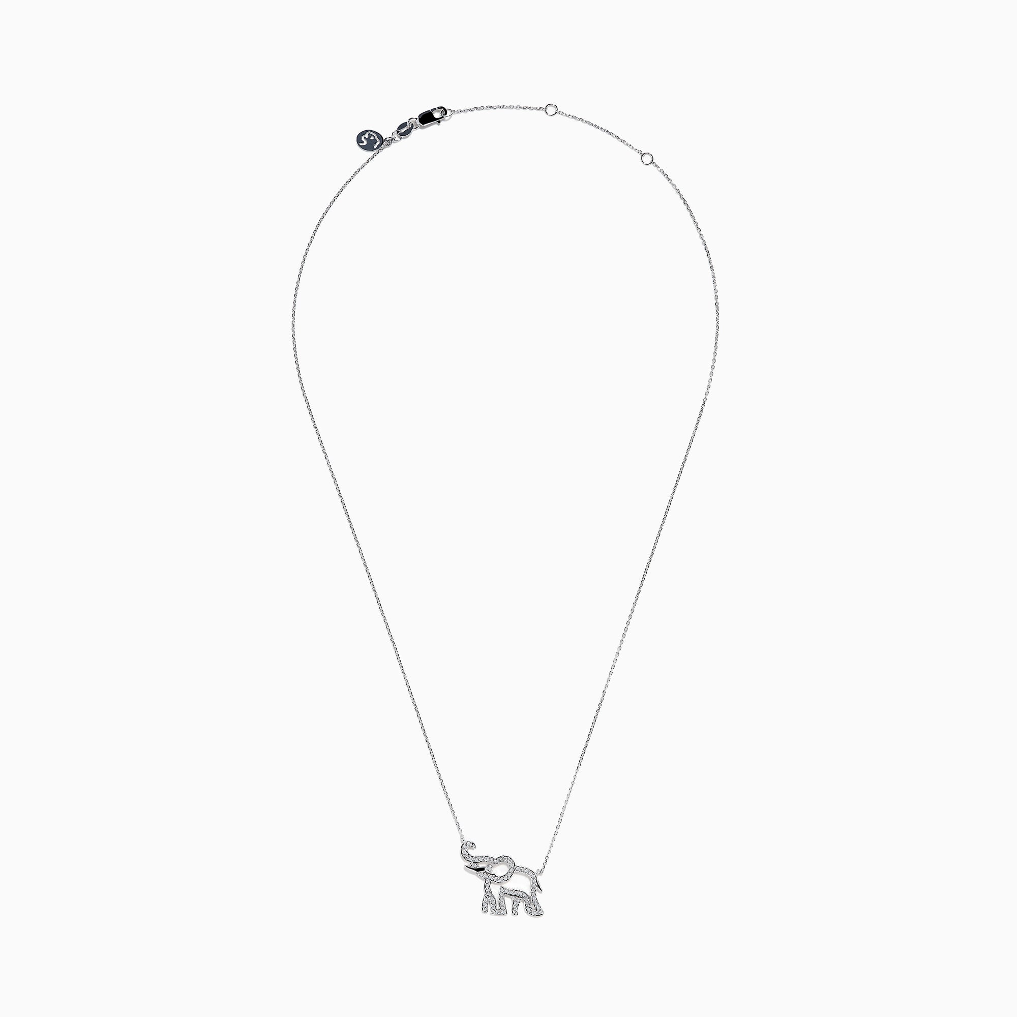 The Novelty 14K White Gold Diamond Elephant Necklace features an elephant-shaped pendant with sparkling stones on a delicate chain, showcased against a white background.
