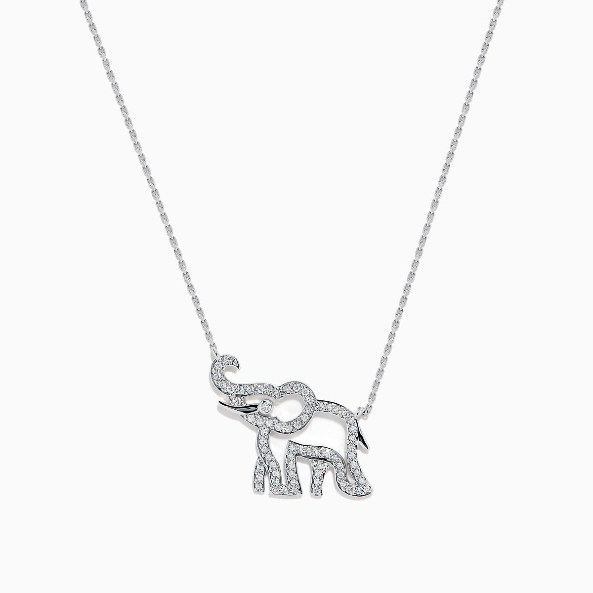 The Novelty 14K White Gold Diamond Elephant Necklace features an elephant-shaped pendant with sparkling stones on a delicate chain, showcased against a white background.