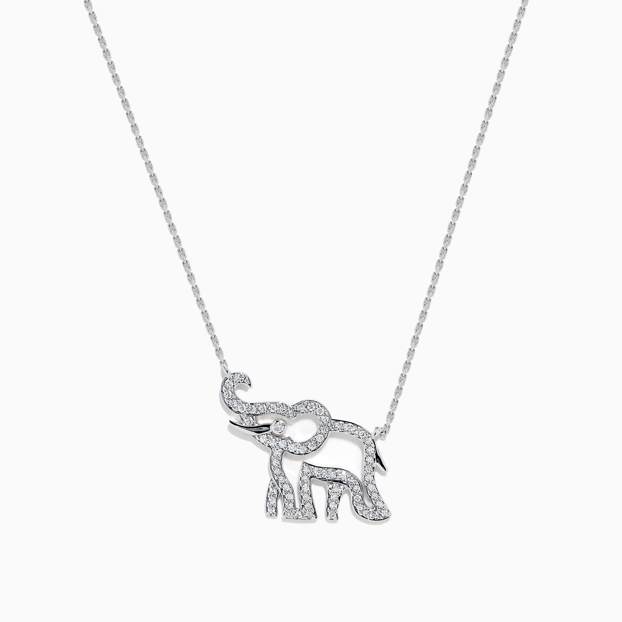 The Novelty 14K White Gold Diamond Elephant Necklace features an elephant-shaped pendant with sparkling stones on a delicate chain, showcased against a white background.