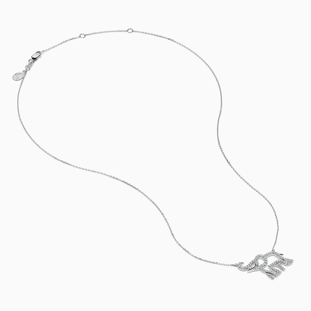 The Novelty 14K White Gold Diamond Elephant Necklace features an elephant-shaped pendant with sparkling stones on a delicate chain, showcased against a white background.