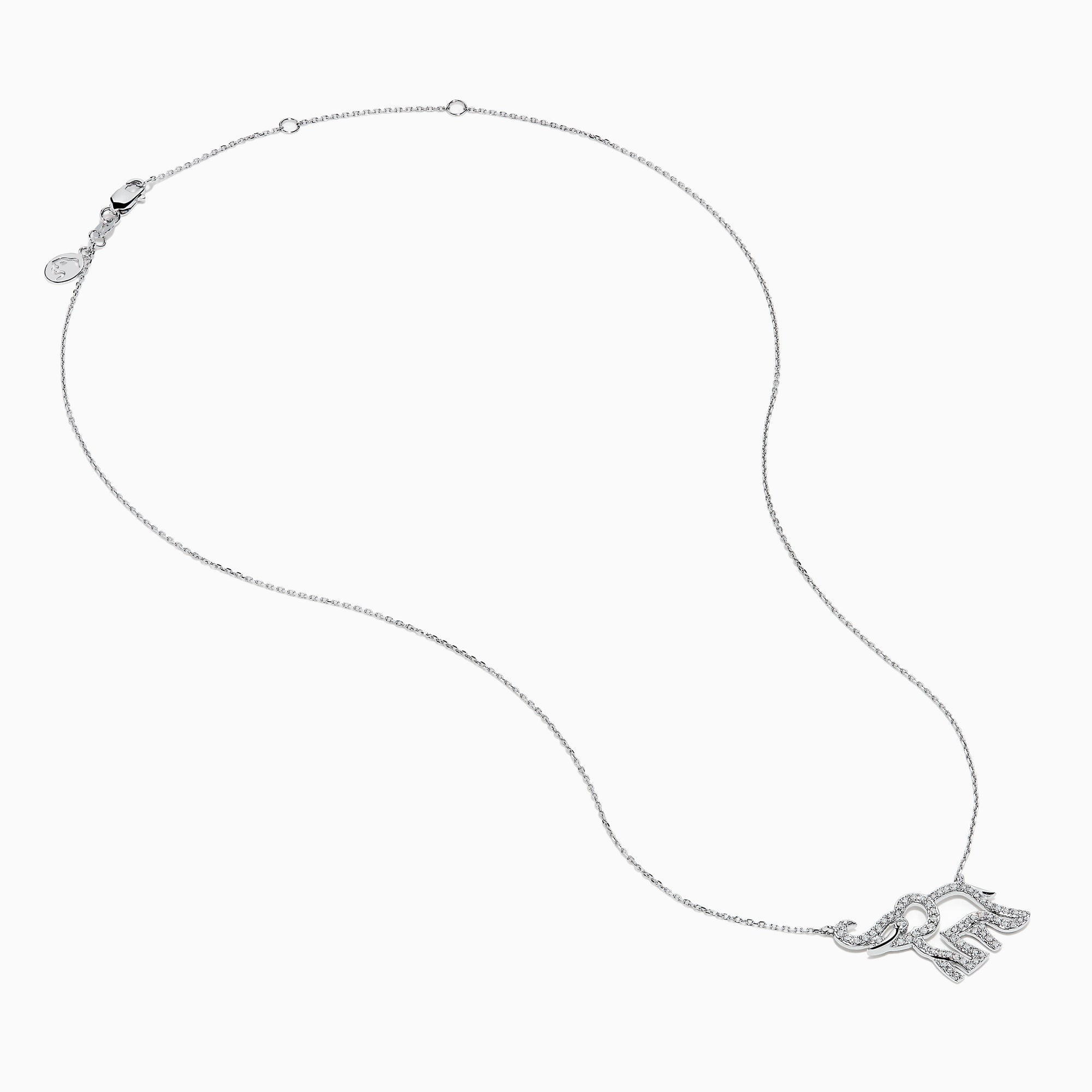 The Novelty 14K White Gold Diamond Elephant Necklace features an elephant-shaped pendant with sparkling stones on a delicate chain, showcased against a white background.