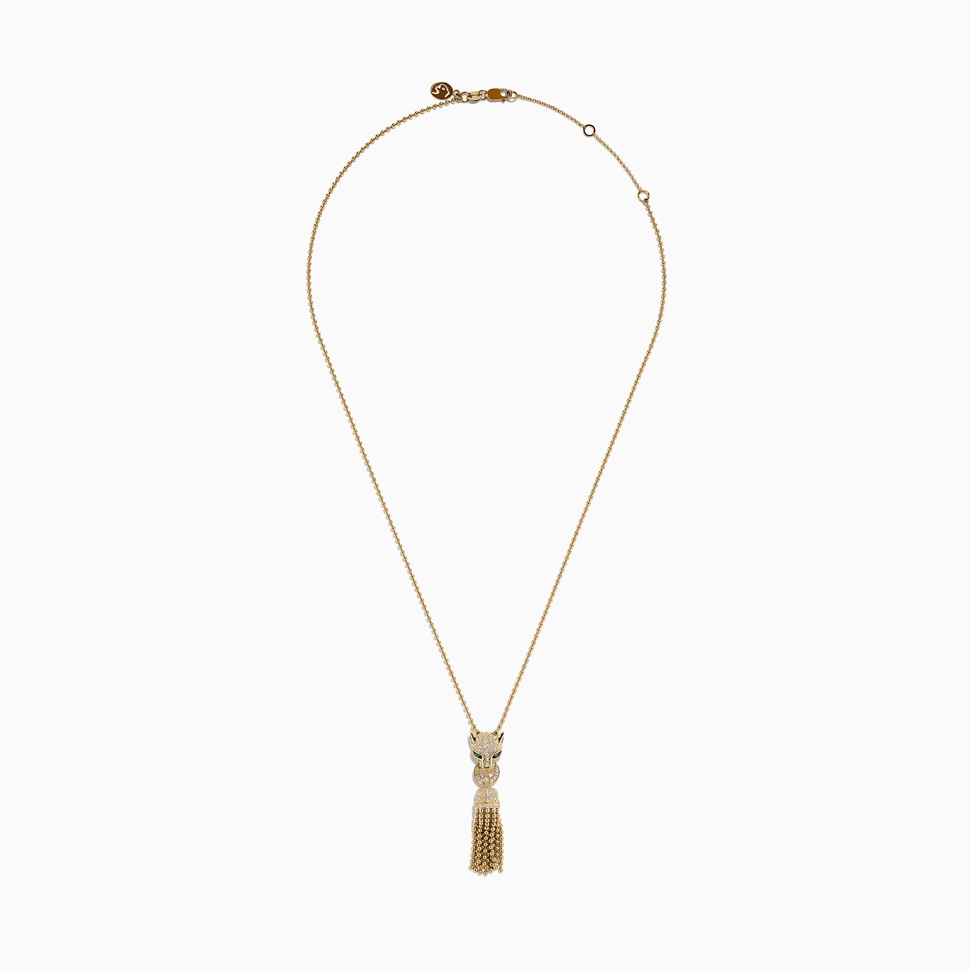 The Web Exclusive 14K Yellow Gold Diamond and Emerald Lariat Tassel Panther Pendant features a diamond-encrusted panther head with emerald eyes, holding a sparkling ring and gold beaded tassels below.