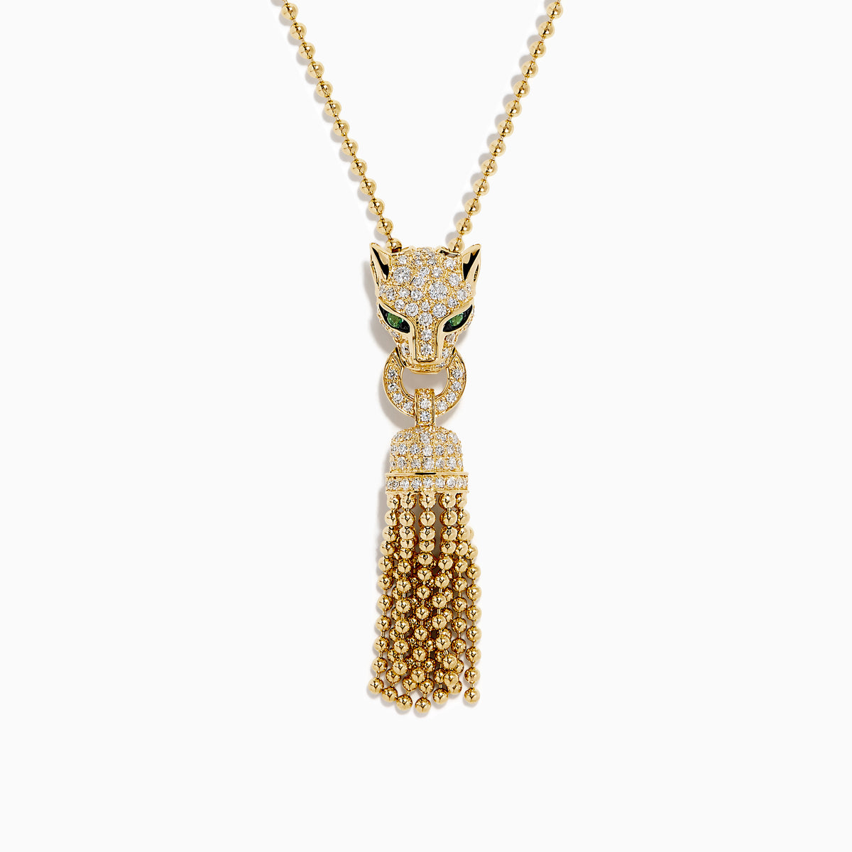 The Web Exclusive 14K Yellow Gold Diamond and Emerald Lariat Tassel Panther Pendant features a diamond-encrusted panther head with emerald eyes, holding a sparkling ring and gold beaded tassels below.