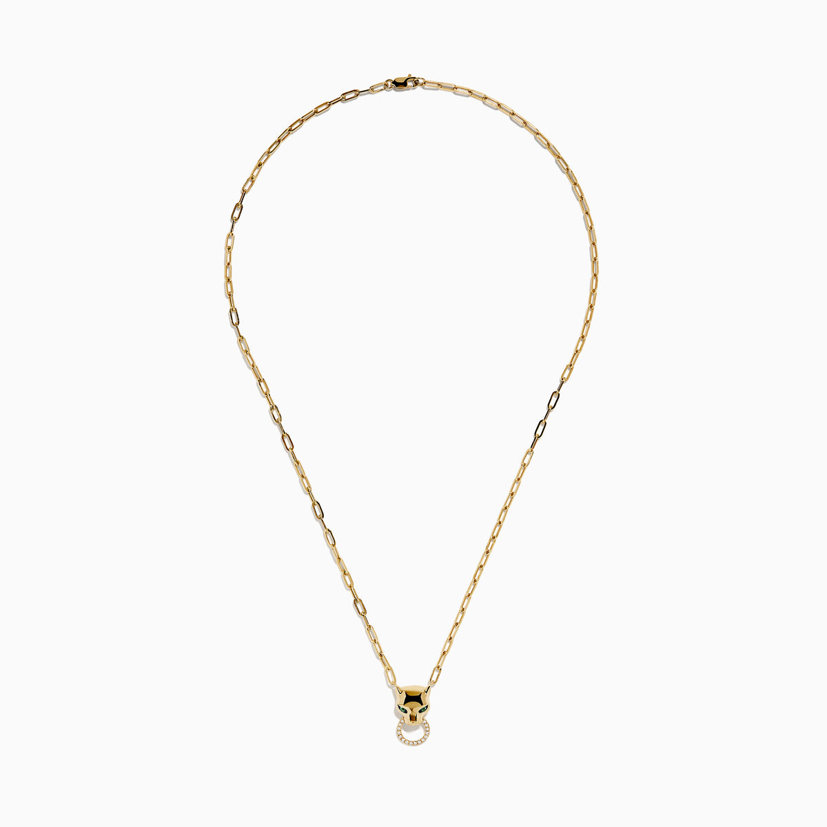 The Signature 14K Yellow Gold Diamond and Emerald Panther Necklace features an emerald panther head with green eyes and a sparkling circular ring, set against a white background.