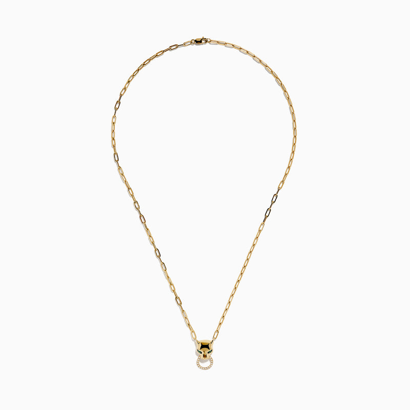 The Signature 14K Yellow Gold Diamond and Emerald Panther Necklace features an emerald panther head with green eyes and a sparkling circular ring, set against a white background.