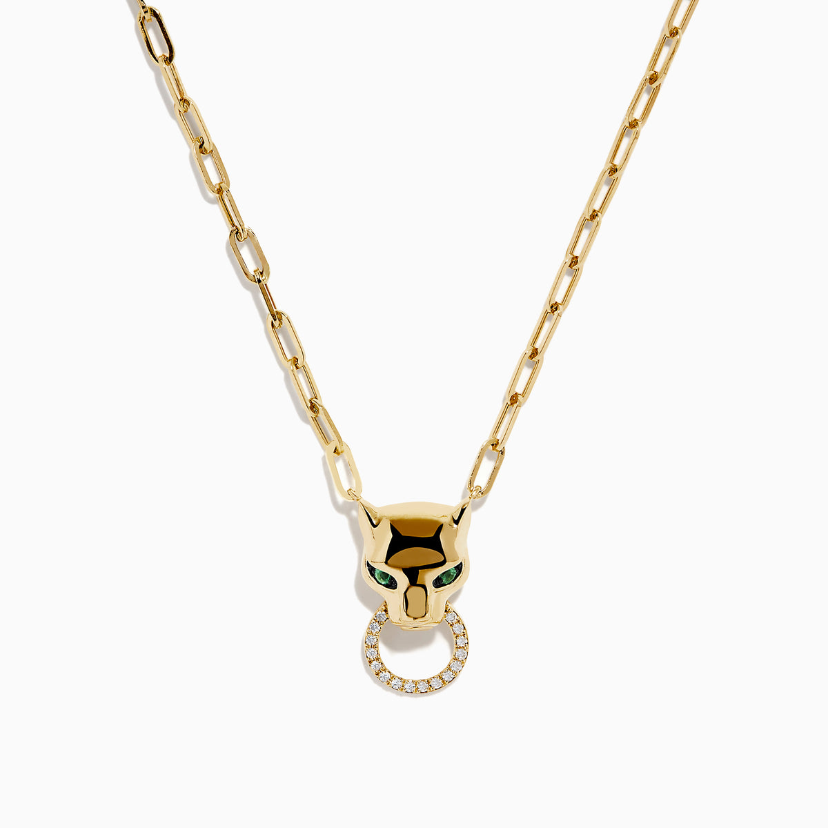 The Signature 14K Yellow Gold Diamond and Emerald Panther Necklace features an emerald panther head with green eyes and a sparkling circular ring, set against a white background.