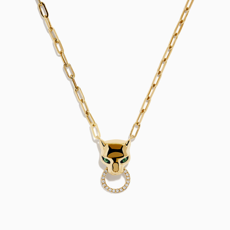 The Signature 14K Yellow Gold Diamond and Emerald Panther Necklace features an emerald panther head with green eyes and a sparkling circular ring, set against a white background.