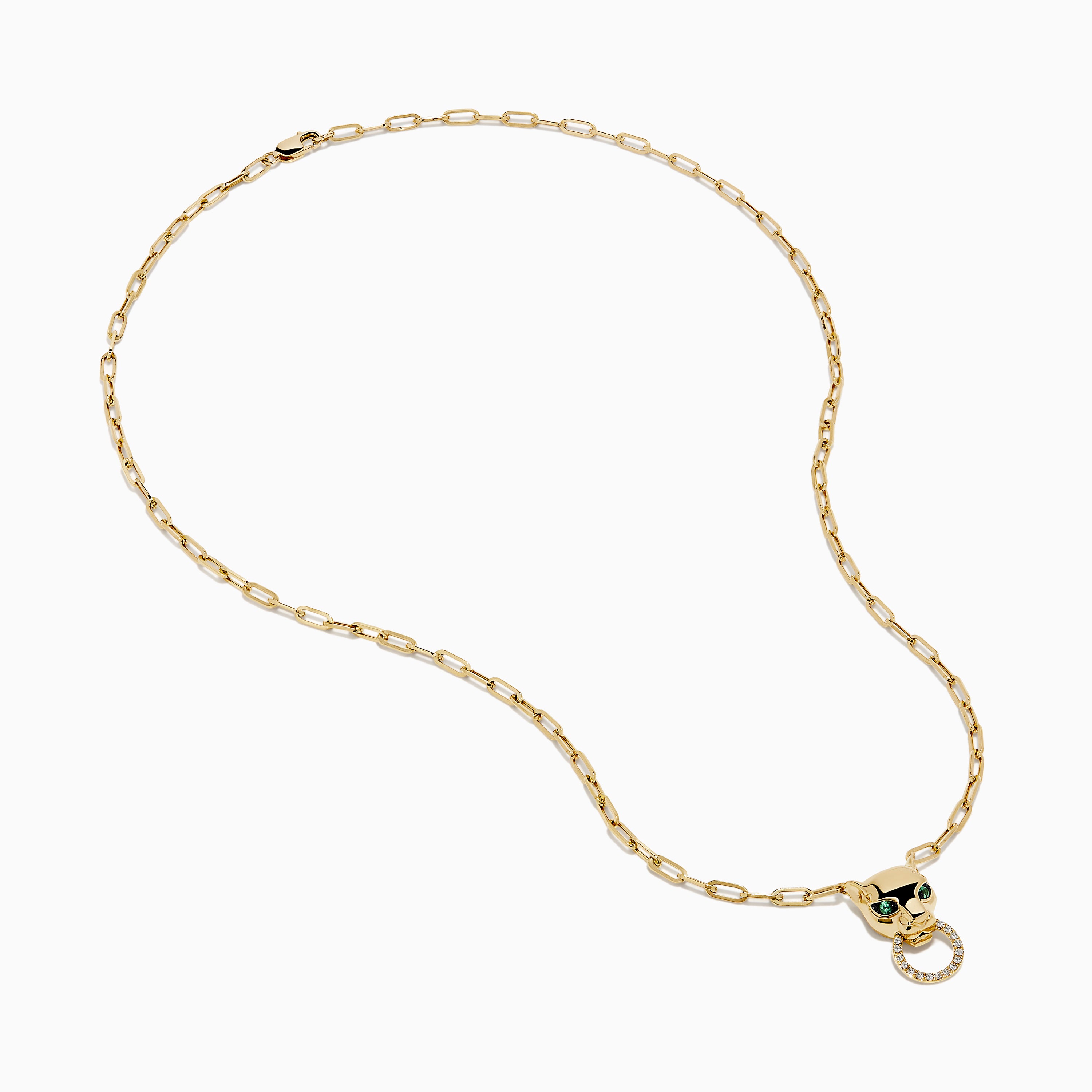 The Signature 14K Yellow Gold Diamond and Emerald Panther Necklace features an emerald panther head with green eyes and a sparkling circular ring, set against a white background.