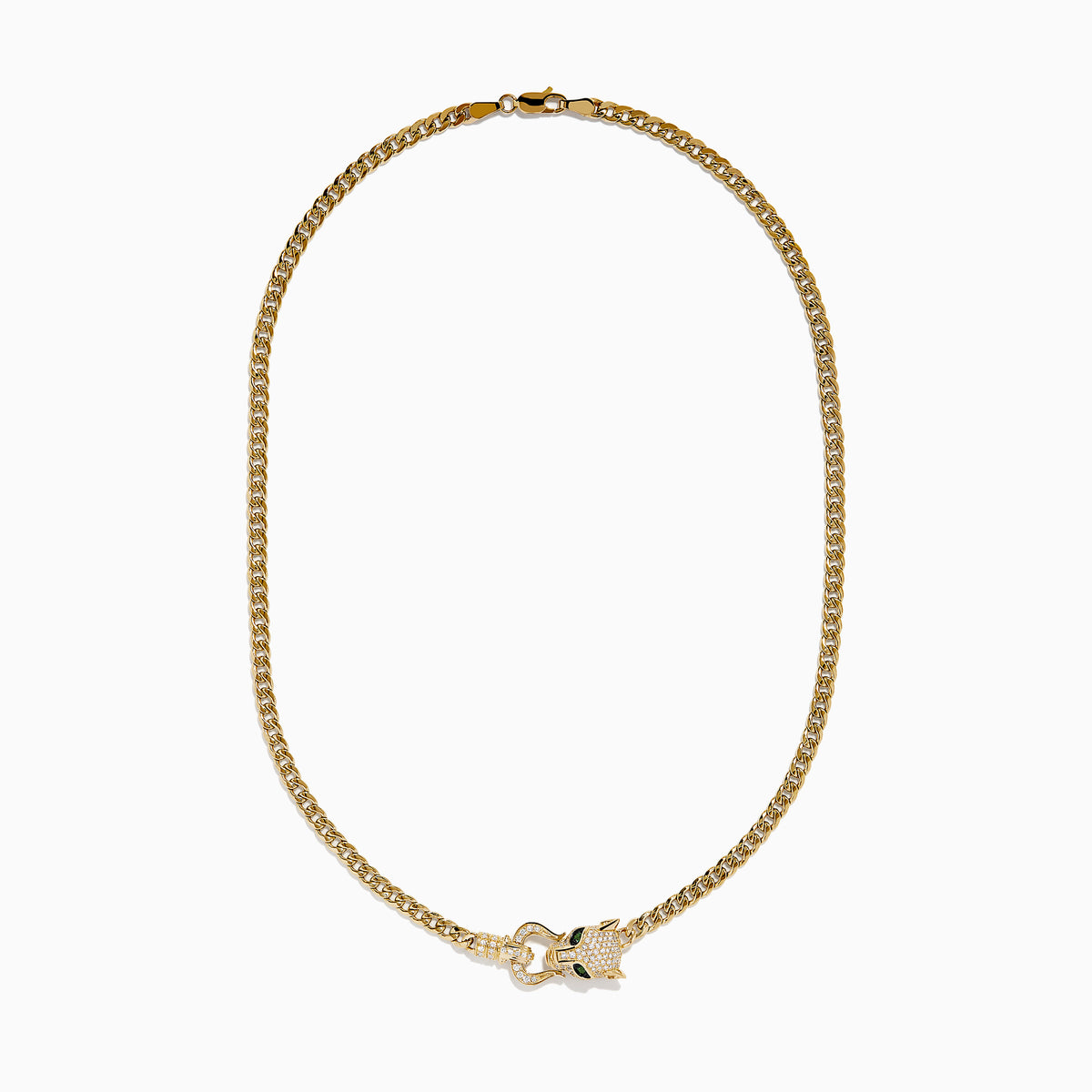 The Signature 14K Yellow Gold Diamond Panther Cuban Chain Necklace features a diamond panther clasp with sparkling stones and green gemstone eyes at the center bottom.