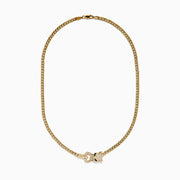 The Signature 14K Yellow Gold Diamond Panther Cuban Chain Necklace features a diamond panther clasp with sparkling stones and green gemstone eyes at the center bottom.