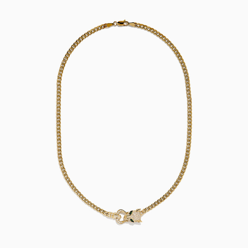 The Signature 14K Yellow Gold Diamond Panther Cuban Chain Necklace features a diamond panther clasp with sparkling stones and green gemstone eyes at the center bottom.