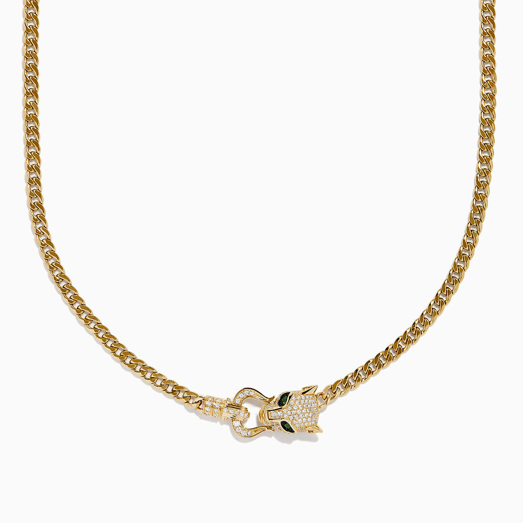 The Signature 14K Yellow Gold Diamond Panther Cuban Chain Necklace features a diamond panther clasp with sparkling stones and green gemstone eyes at the center bottom.
