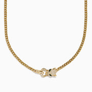 The Signature 14K Yellow Gold Diamond Panther Cuban Chain Necklace features a diamond panther clasp with sparkling stones and green gemstone eyes at the center bottom.