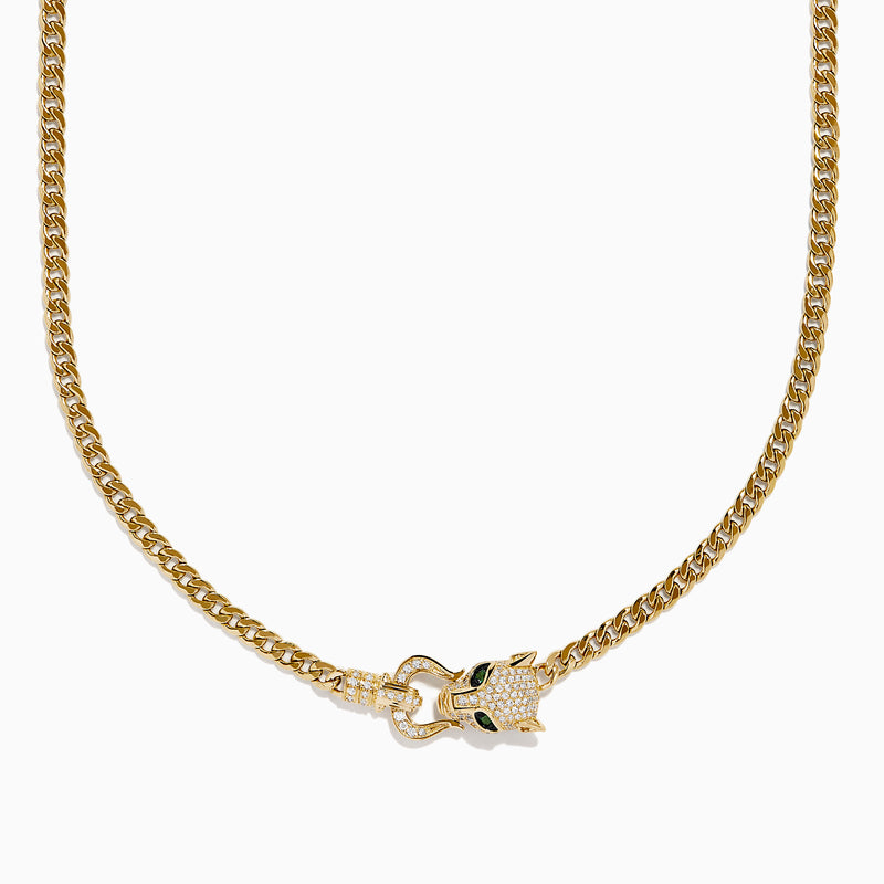 The Signature 14K Yellow Gold Diamond Panther Cuban Chain Necklace features a diamond panther clasp with sparkling stones and green gemstone eyes at the center bottom.