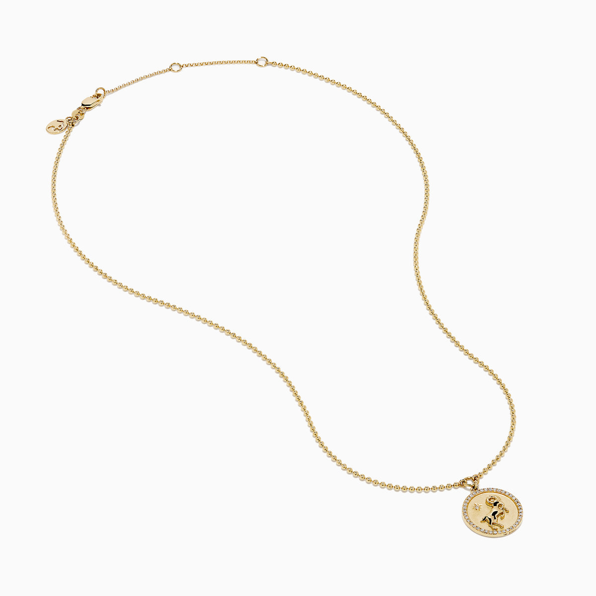 The Zodiac 14K Yellow Gold and Diamond Aries Necklace features a round pendant with an embossed ram, accented by sparkling diamonds, hanging from a delicate gold chain against a white background.
