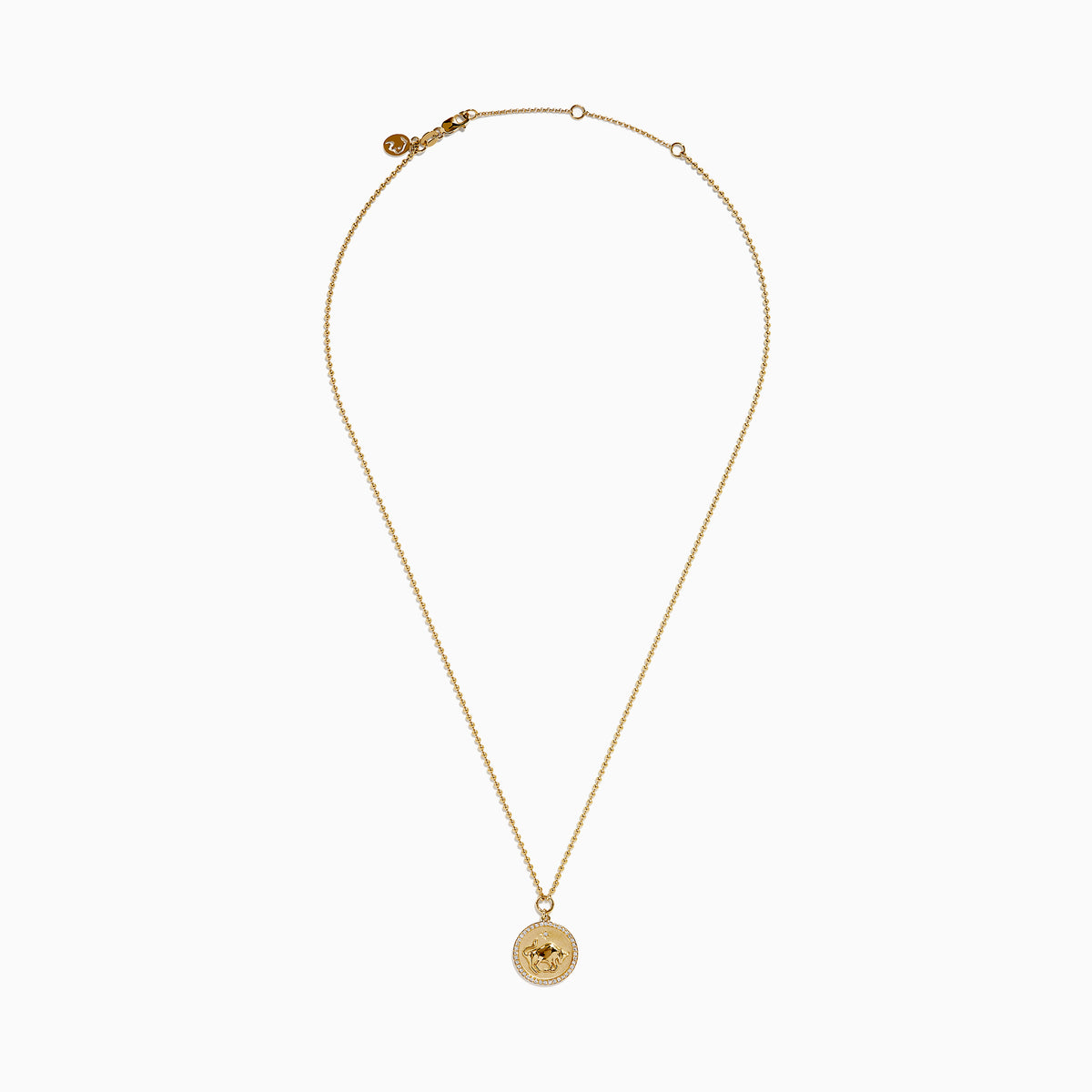 The Zodiac 14K Yellow Gold and Diamond Taurus Necklace features a round pendant with an engraved fish design, accented by diamonds, and hangs from a delicate gold chain on a white background.