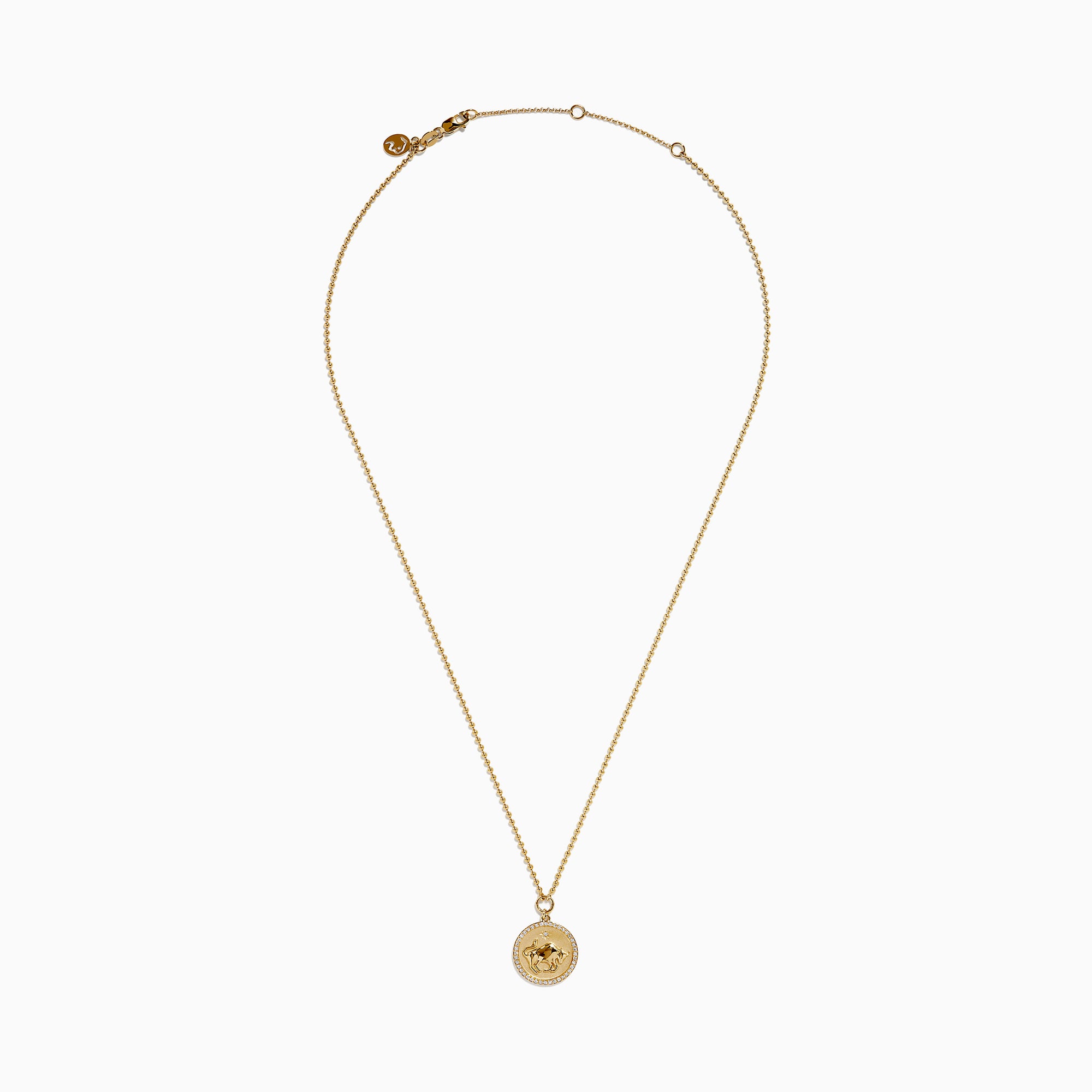 The Zodiac 14K Yellow Gold and Diamond Taurus Necklace features a round pendant with an engraved fish design, accented by diamonds, and hangs from a delicate gold chain on a white background.