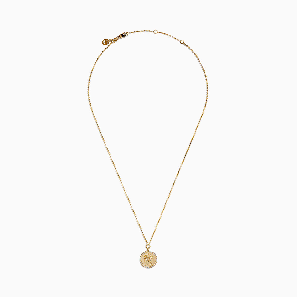 The Zodiac 14K Yellow Gold and Diamond Gemini Necklace features a round pendant with an engraved Gemini design, highlighted by sparkling diamonds for an elegant, refined look.