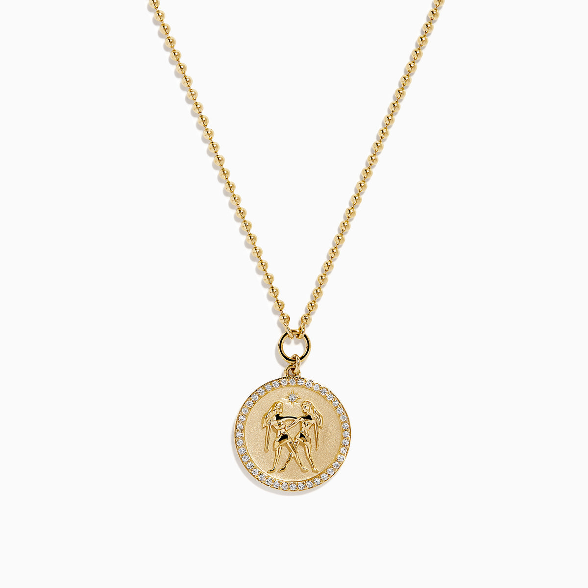 The Zodiac 14K Yellow Gold and Diamond Gemini Necklace features a round pendant with an engraved Gemini design, highlighted by sparkling diamonds for an elegant, refined look.