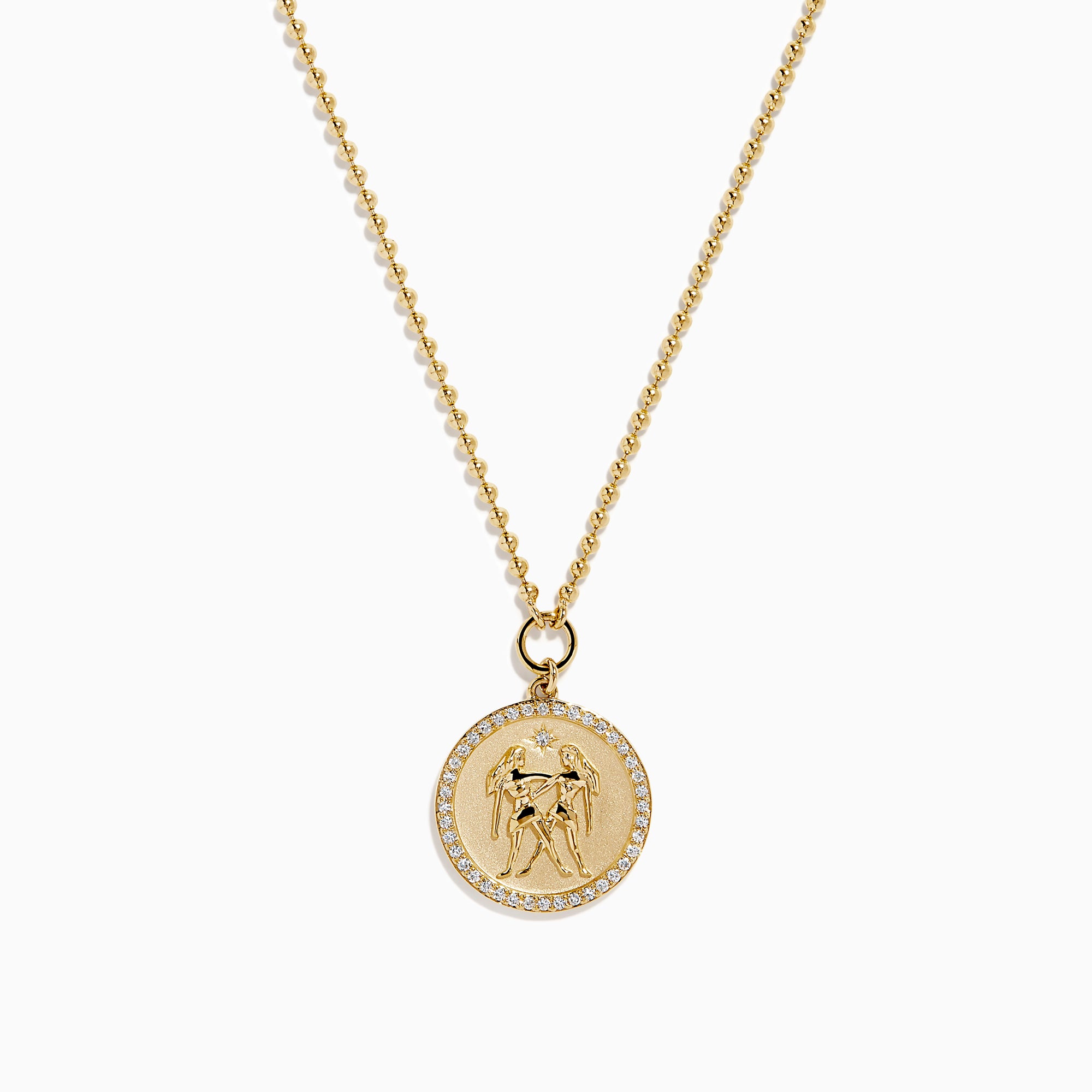 The Zodiac 14K Yellow Gold and Diamond Gemini Necklace features a round pendant with an engraved Gemini design, highlighted by sparkling diamonds for an elegant, refined look.