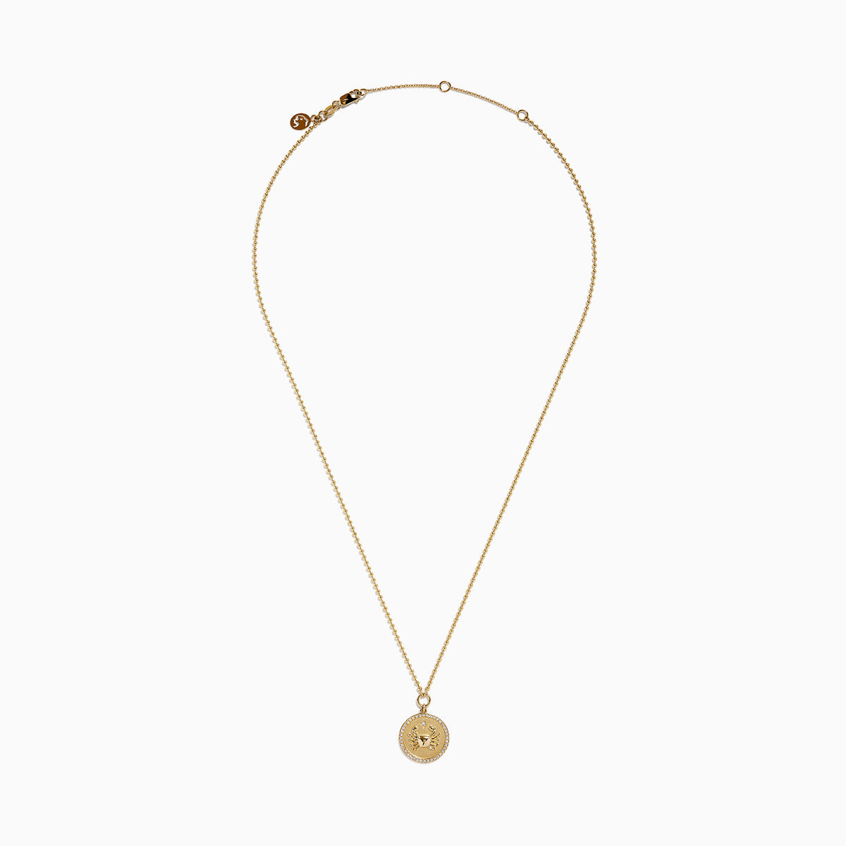 The Zodiac 14K Yellow Gold and Diamond Cancer Necklace features a round pendant with a winged cup design, accented by diamonds. Its delicate chain and zodiac style make it a perfect, personal accessory.