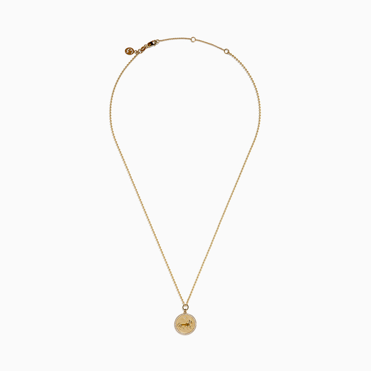 The Zodiac 14K Yellow Gold and Diamond Leo Necklace features a round pendant with an embossed lion design, bordered by sparkling diamonds on a delicate gold chain—an ideal statement piece for any Leo.