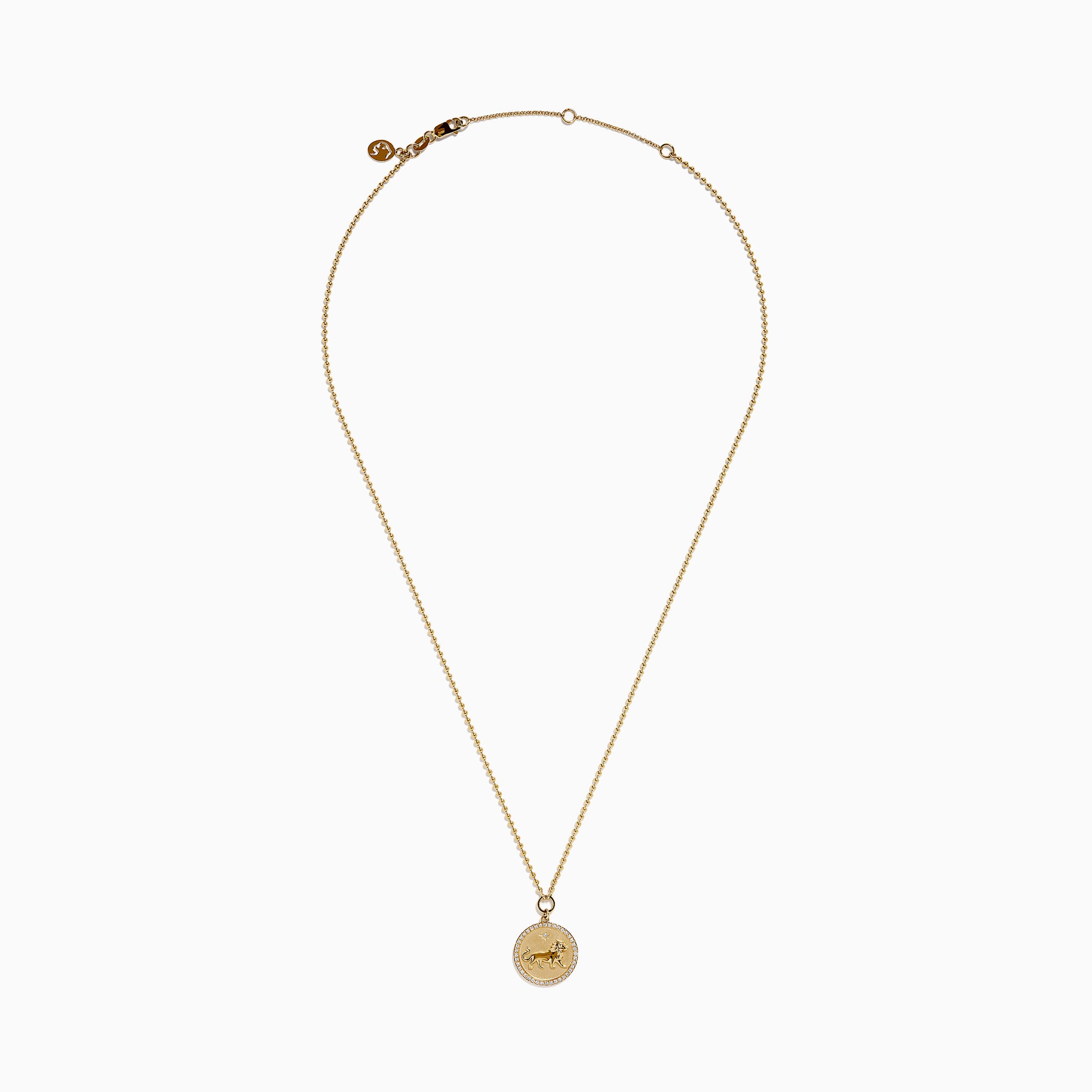 The Zodiac 14K Yellow Gold and Diamond Leo Necklace features a round pendant with an embossed lion design, bordered by sparkling diamonds on a delicate gold chain—an ideal statement piece for any Leo.