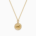 The Zodiac 14K Yellow Gold and Diamond Leo Necklace features a round pendant with an embossed lion design, bordered by sparkling diamonds on a delicate gold chain—an ideal statement piece for any Leo.