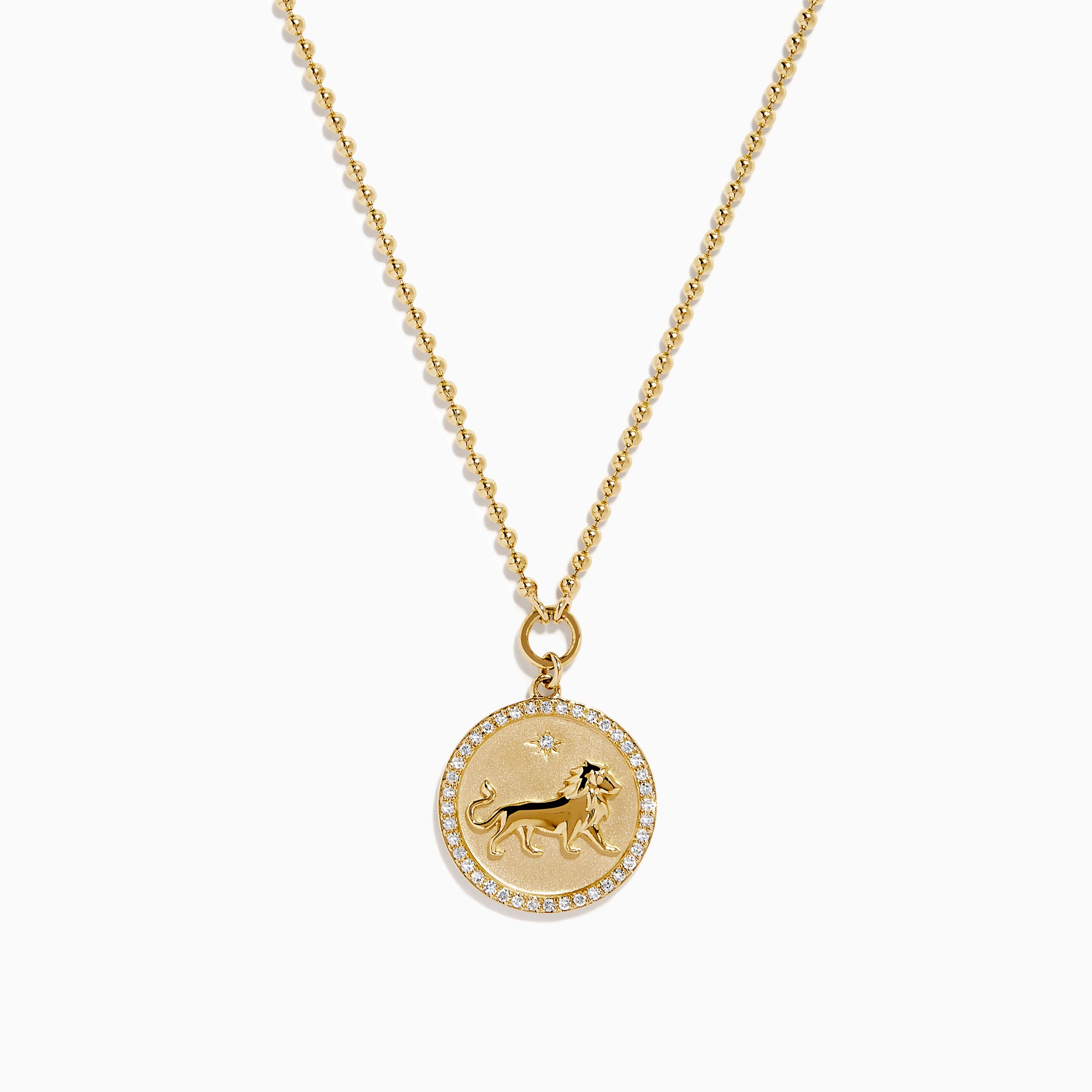 The Zodiac 14K Yellow Gold and Diamond Leo Necklace features a round pendant with an embossed lion design, bordered by sparkling diamonds on a delicate gold chain—an ideal statement piece for any Leo.