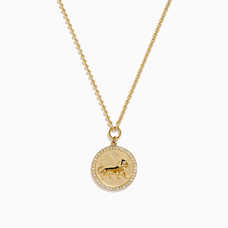 The Zodiac 14K Yellow Gold and Diamond Leo Necklace features a round pendant with an embossed lion design, bordered by sparkling diamonds on a delicate gold chain—an ideal statement piece for any Leo.
